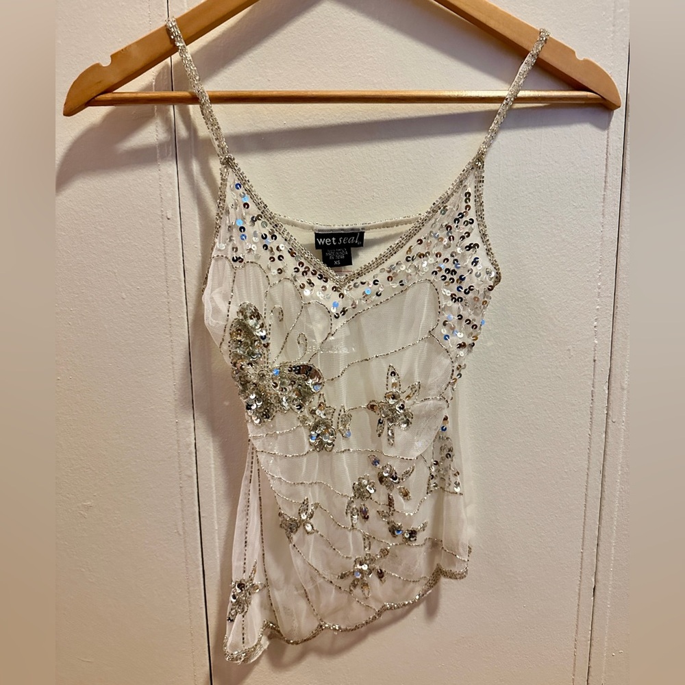 NWT Wet Seal Y2K White Sequin Bedazzled Mesh Spaghetti Strap Tank Top